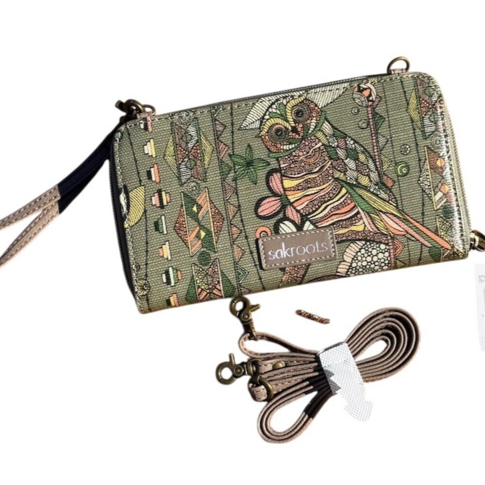 Sakroots Owl Print Crossbody Wristlet Wallet Orchid Camo